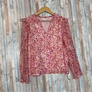 J Crew S Ruffle Collar Top Blouse Pink Ditsy Floral Print Easter Spring Feminine